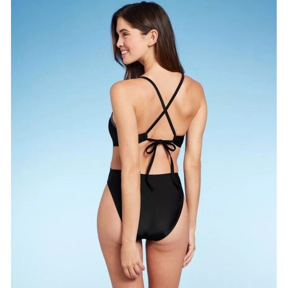 NWT Shade & Shore Black Plunge Bead Detail Extra High Leg One Piece Swimsuit - Picture 2 of 2